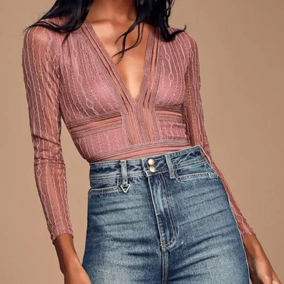 Lulus Casita Mauve Pink Sheer Lace Long Sleeve Bodysuit - Size S - Picture 1 of 6